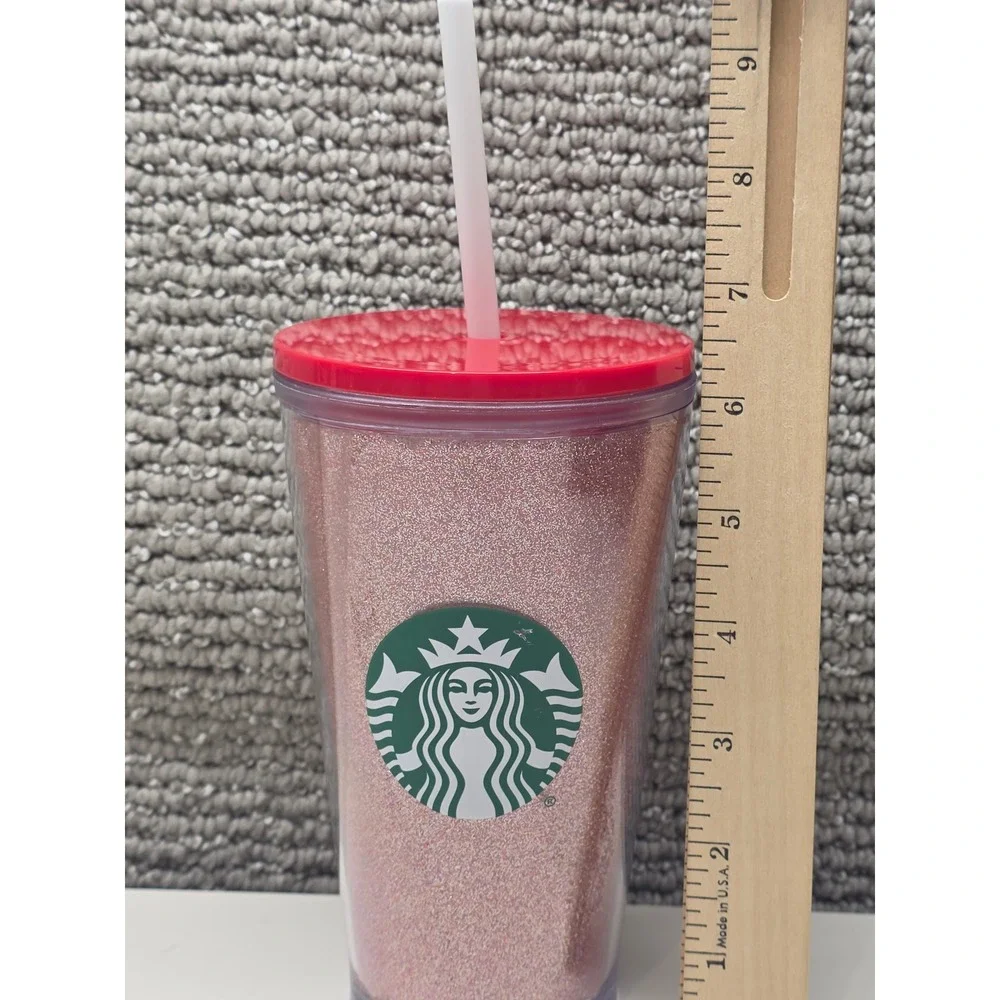 Starbucks 2014 Pink Glitter Cold Cup‎ Tumbler 16oz Grande Red Lid and Straw